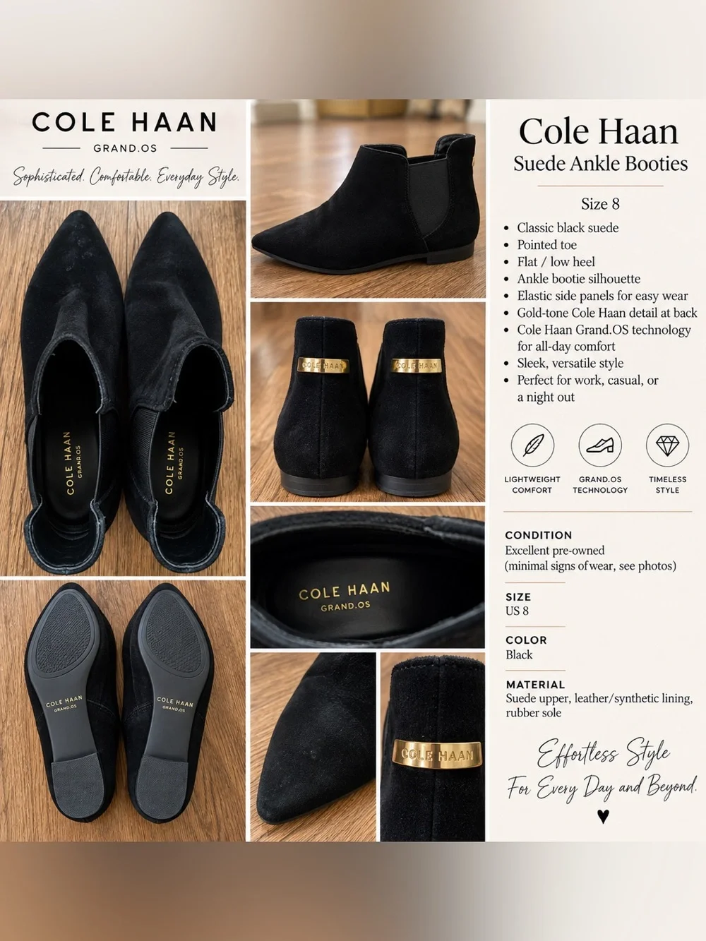 Cole Haan Hara Grand.OS Black Suede Chelsea Booties Size 8